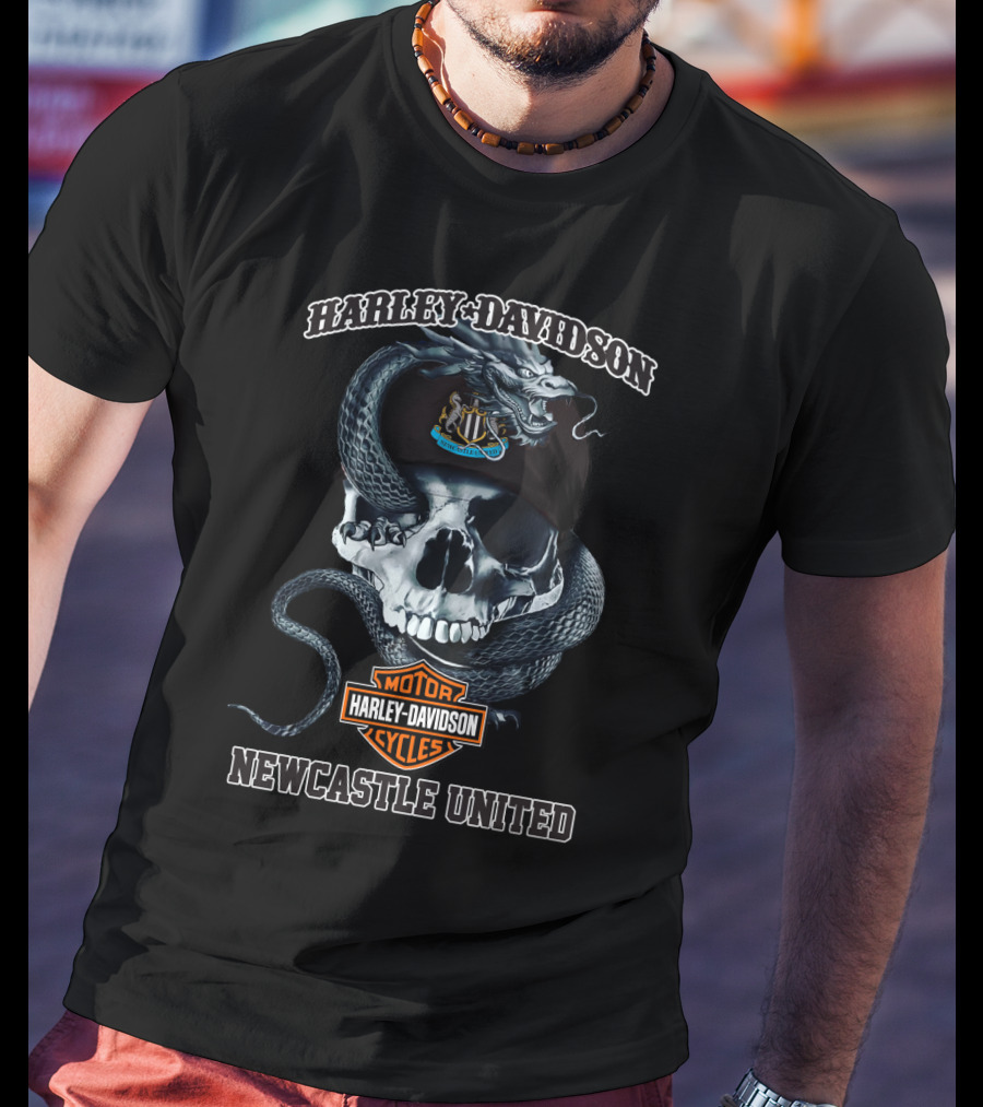 Harley Davidson Skull With Newcastle United And Snake T-Shirt