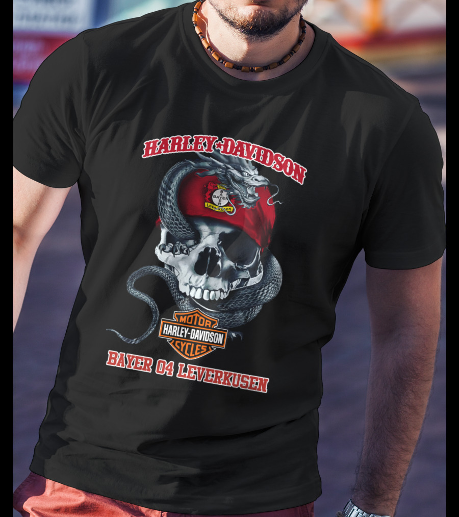 Harley Davidson Bayer 04 Leverkusen Skull Motif With Snake And Logos T-Shirt