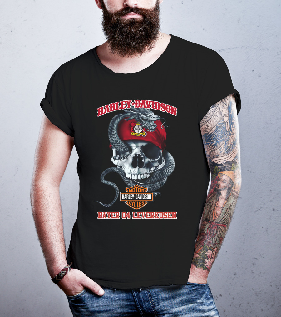 Harley Davidson Bayer 04 Leverkusen Skull Motif With Snake And Logos T-Shirt