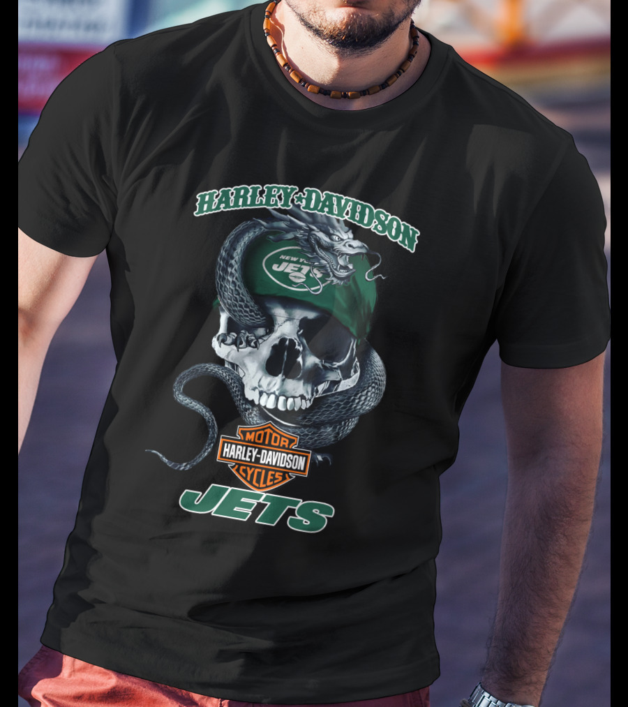 Harley Davidson New York Jets Motor Cycles Skull And Snake T-Shirt