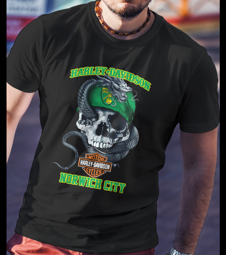 Harley Davidson Motor Cycles Skull Snake Norwich City T-Shirt