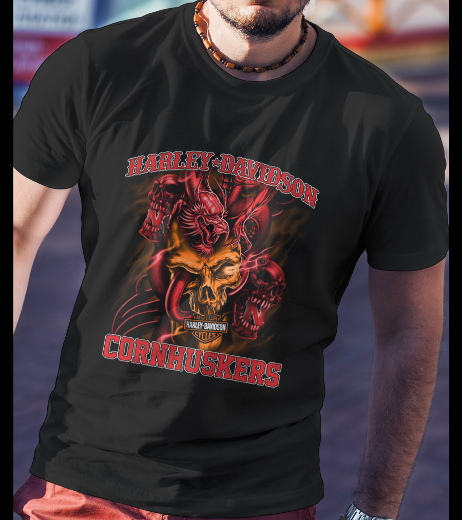 Harley Davidson Cornhuskers Nebraska N Cyclones Fire Skull T-Shirt
