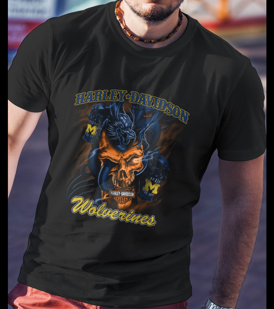 Harley Davidson Cycles Wolverines Michigan M Logo Skull T-Shirt