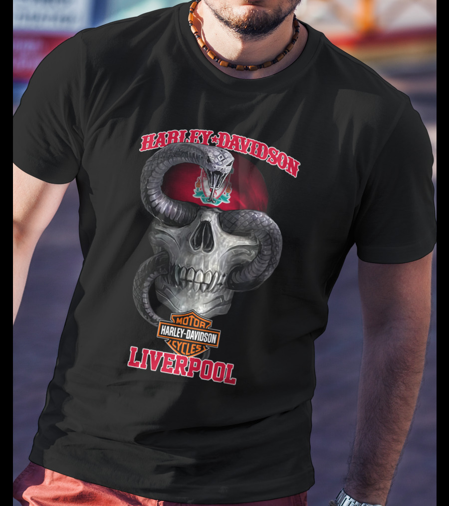 Harley Davidson Motor Cycles Liverpool Skull Serpent Crest Red T-Shirt