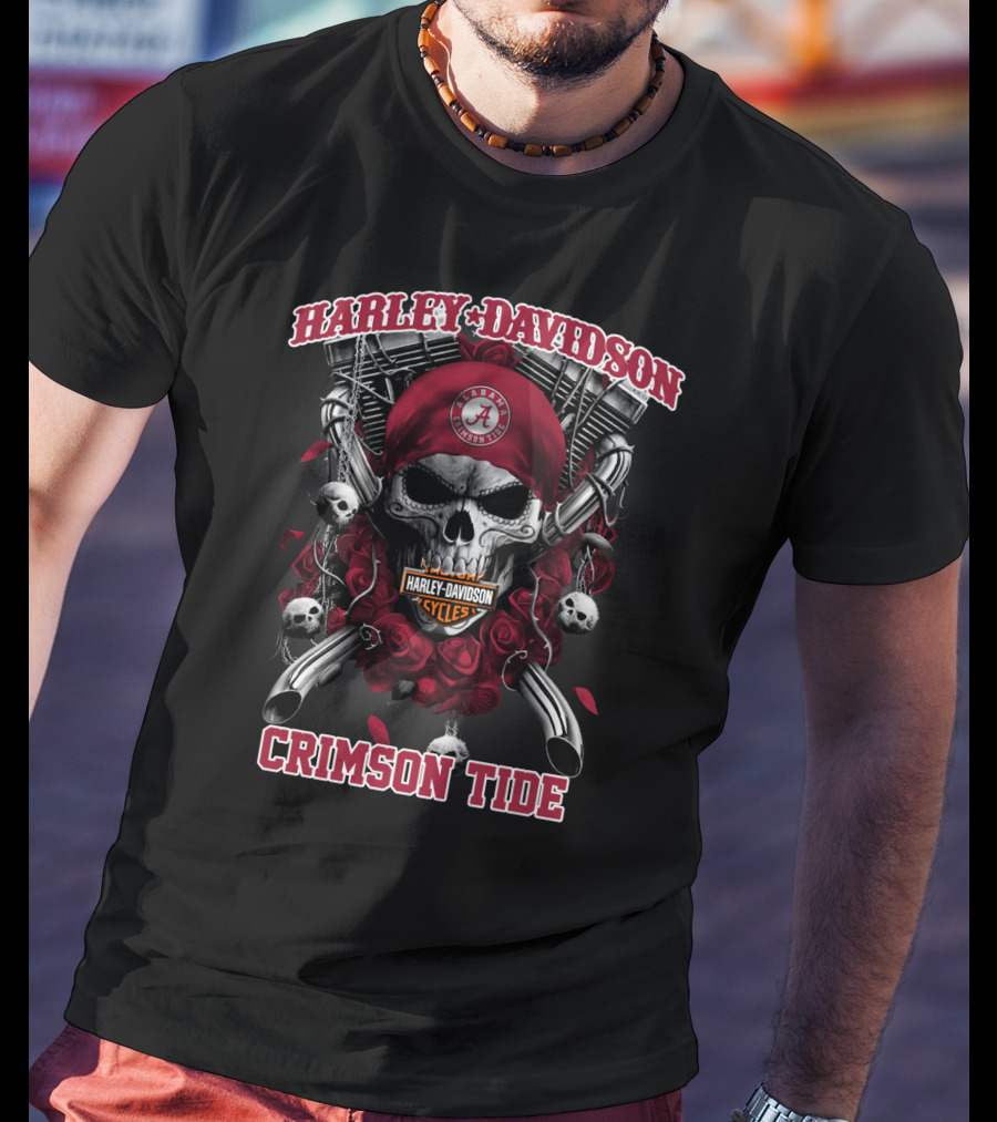 Harley Davidson Alabama Crimson Tide Skull And Roses T-Shirt