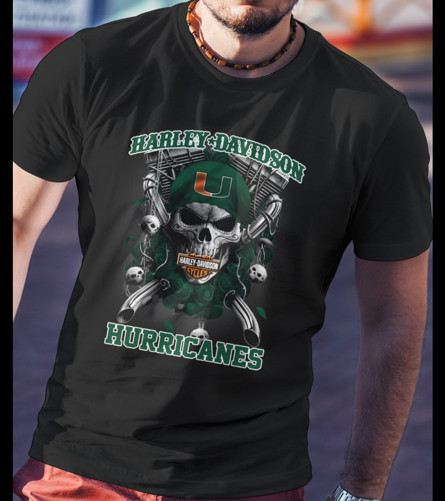 Harley Davidson Miami Hurricanes Cyclones Skulls Football U T-Shirt