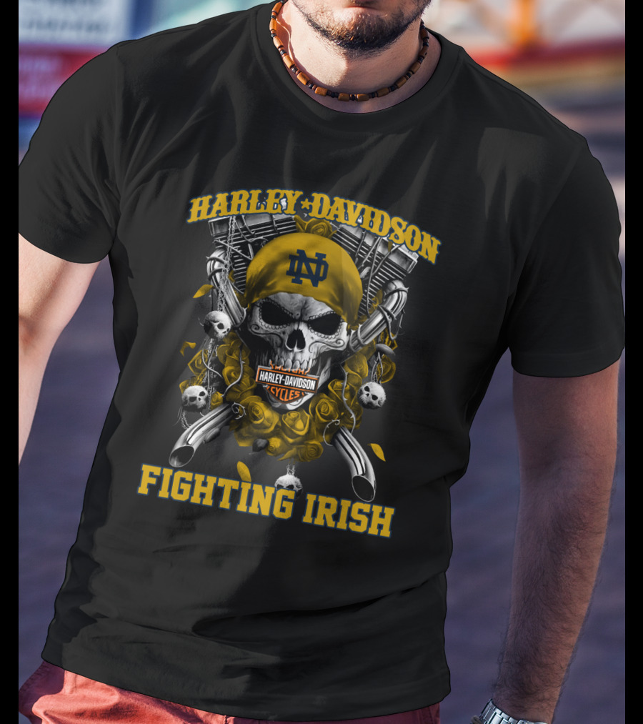 Harley Davidson Notre Dame Fighting Irish Skull And Pistons T-Shirt
