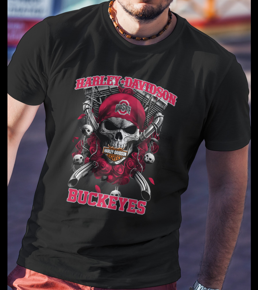 Harley Davidson Ohio State Buckeyes Skull Roses Motorcycles T-Shirt