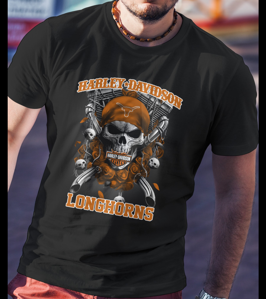 Harley Davidson Cycles Skull Orange Bandana Longhorns T-Shirt