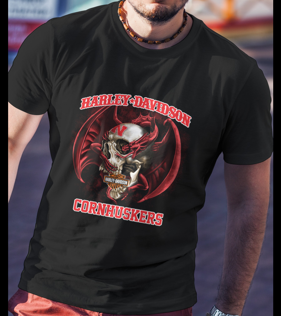 Harley Davidson Cornhuskers Skull With Red Dragon Wings T-Shirt