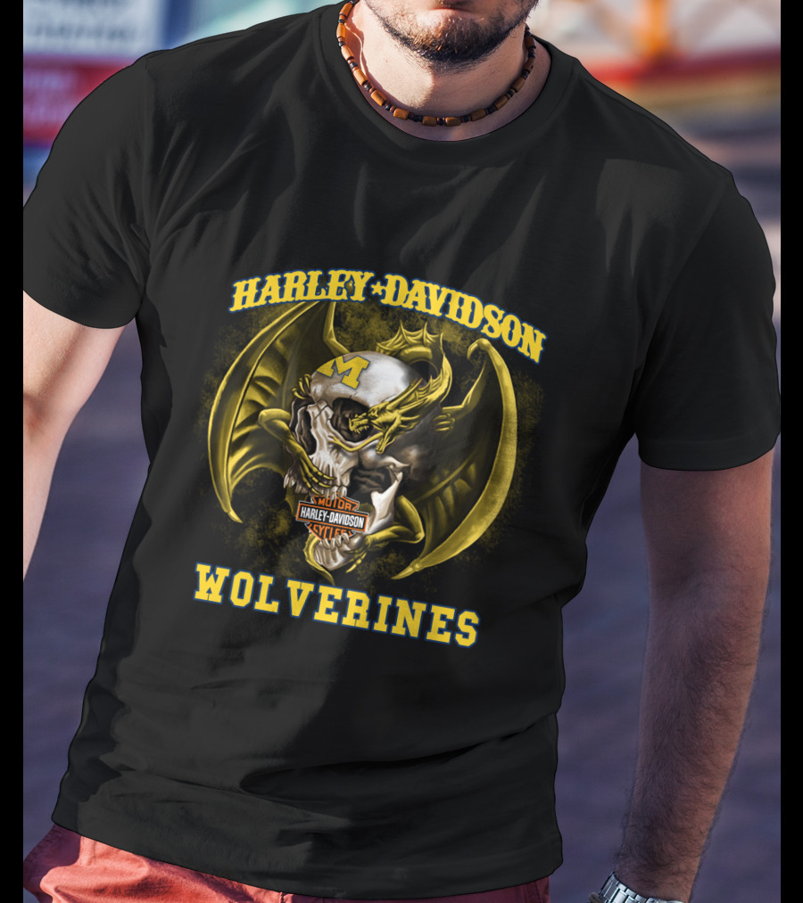 Harley Davidson Michigan Wolverines Skull With Dragon And Motor Cycles T-Shirt