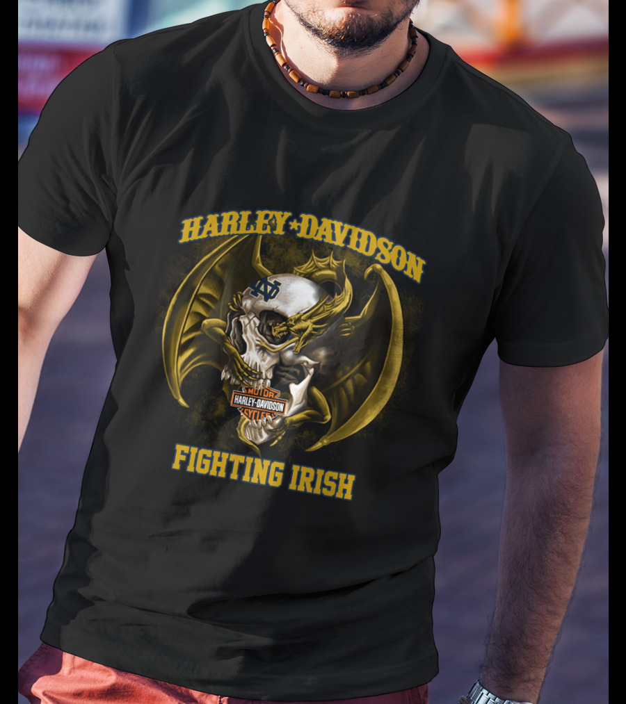 Harley Davidson Notre Dame Fighting Irish Skull And Wings T-Shirt