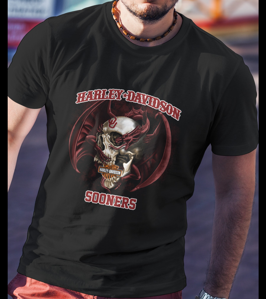 Harley Davidson Sooners Skull With Wings And Oklahoma T-Shirt