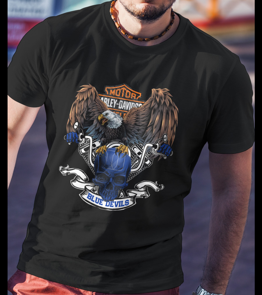 Harley Davidson Blue Devils Skull With Eagle And Motor T-Shirt
