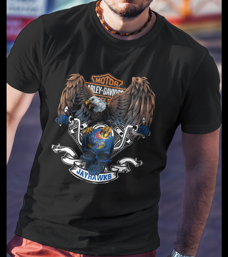 Motor Harley Davidson Cycles Eagle Kansas Jayhawks Ku Skull T-Shirt
