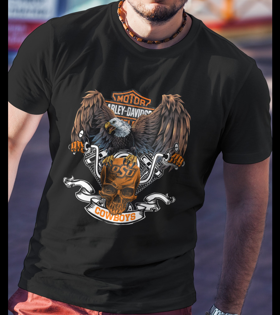 Motor Harley Davidson O-State Cowboys Eagle Skull T-Shirt