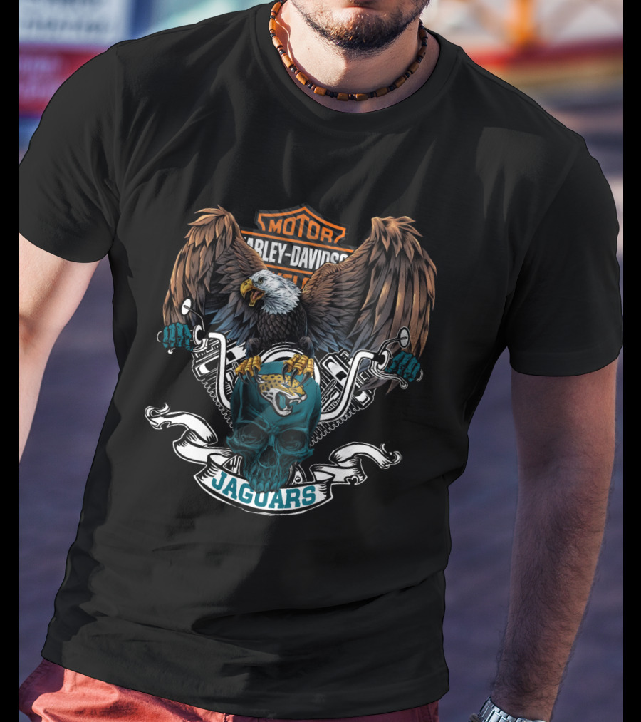 Harley Davidson Motorcycles Bald Eagle And Skull With Nfl Jacksonville Jaguars T-Shirt