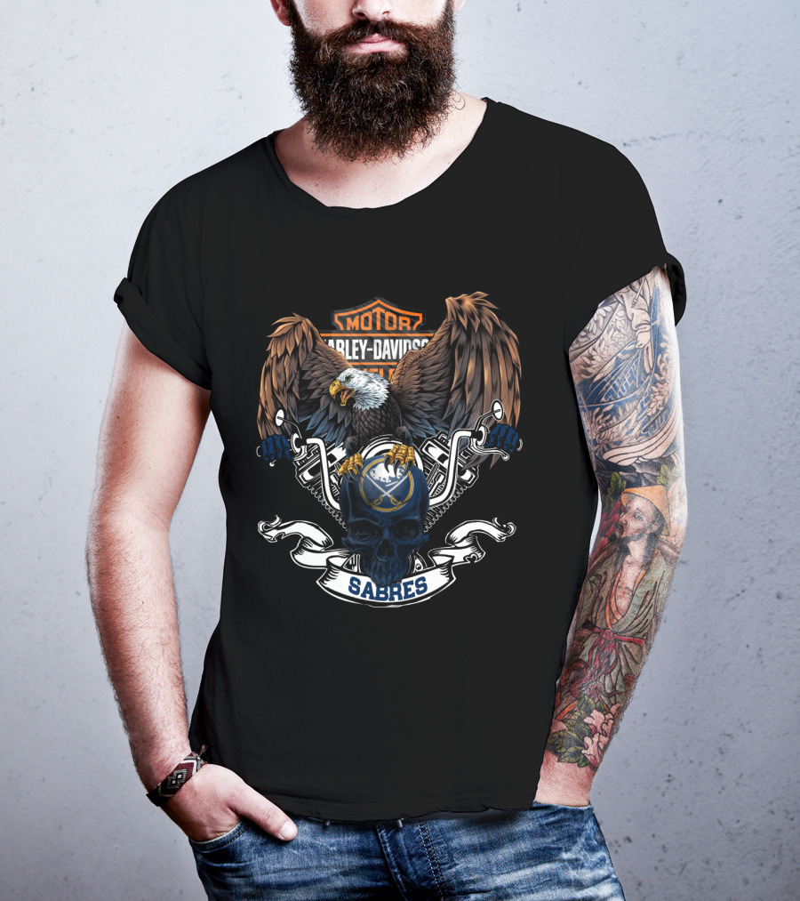 Harley Davidson Motor Eagle Skull Nhl Buffalo Sabres T-Shirt