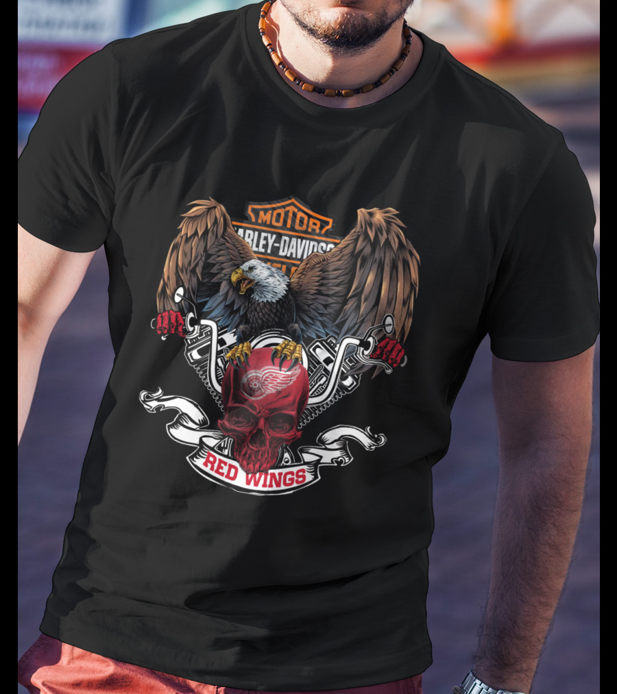 Detroit Red Wings Harley Davidson Motor Eagle Skull T-Shirt