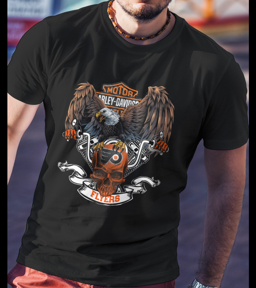 Motor Harley Davidson Cycles Bald Eagle Skull Nhl Philadelphia Flyers T-Shirt