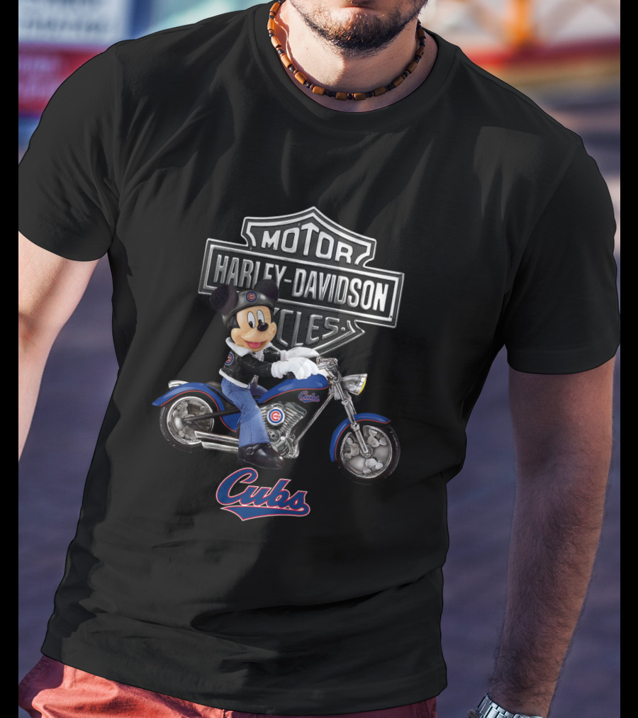 Mickey Mouse Rides Harley Davidson Motorcycle With Chicago Cubs T-Shirt