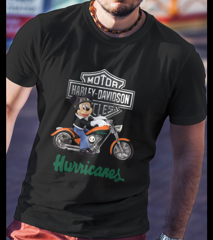 Mickey On Harley Davidson Motorcycle Miami Hurricanes T-Shirt