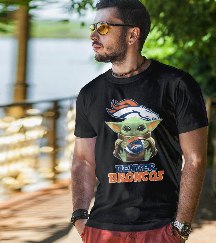Denver Broncos Grogu Holding Football T-Shirt