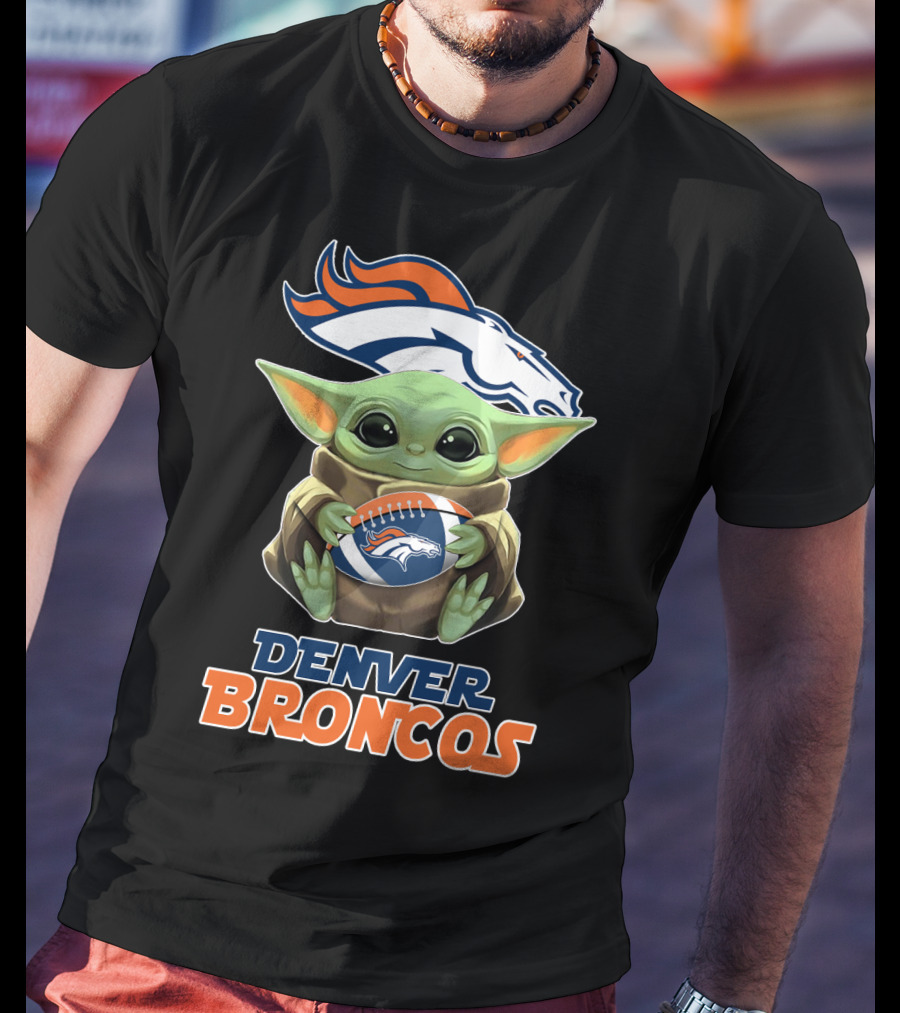 Denver Broncos Grogu Holding Football T-Shirt