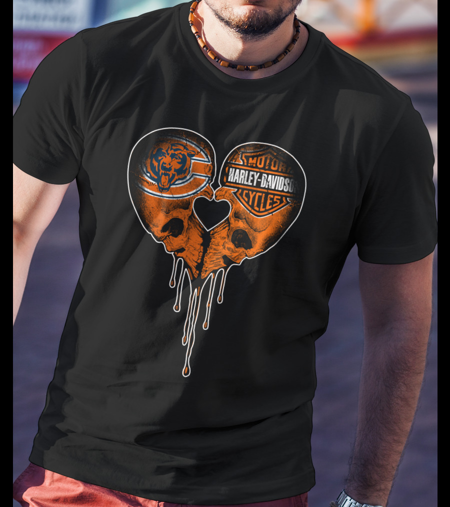 Chicago Bears Harley Davidson Skull Heart Dripping Ink T-Shirt