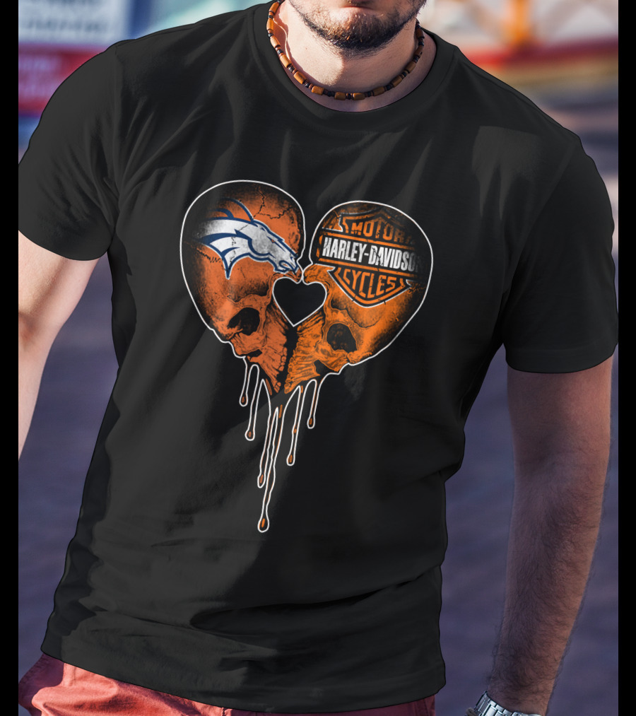 Denver Broncos Harley Davidson Dripping Skull Heart T-Shirt