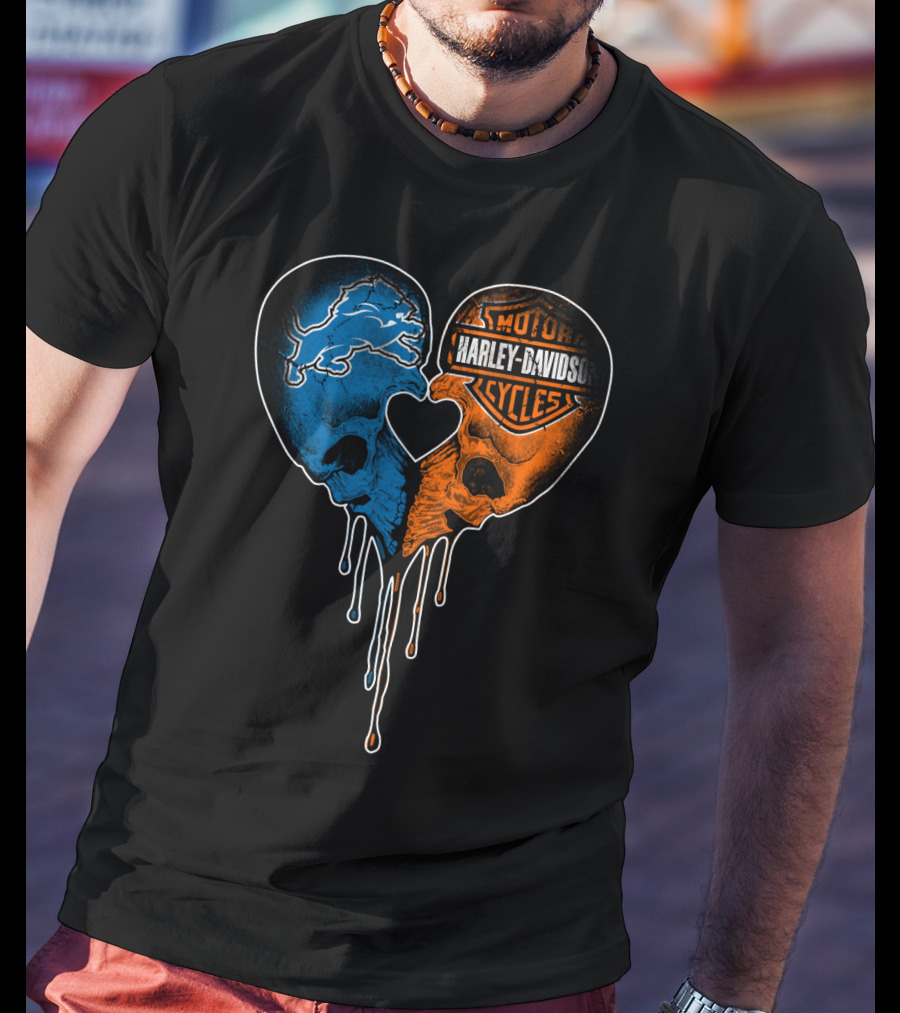 Detroit Lions And Harley Davidson Skulls Heart Fusion T-Shirt