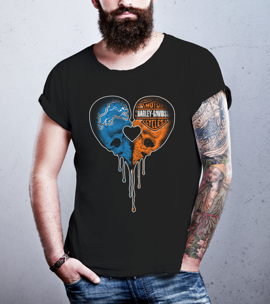 Detroit Lions And Harley Davidson Skulls Heart Fusion T-Shirt