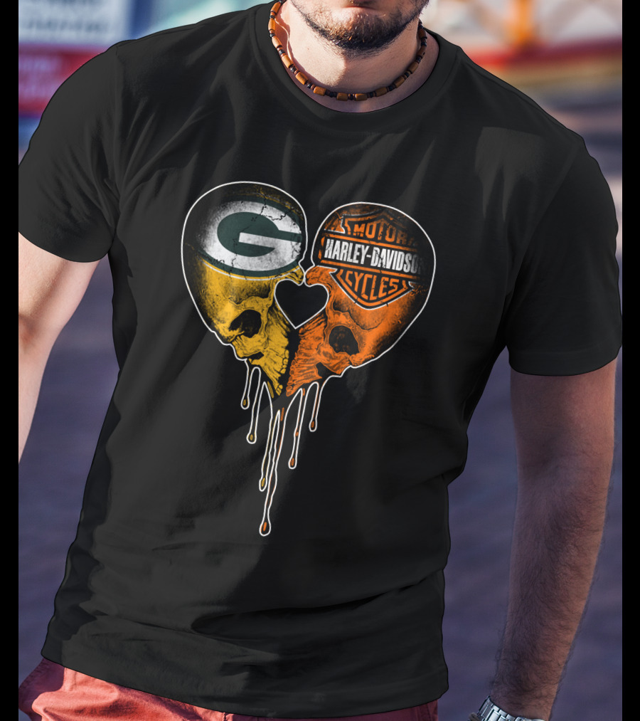 Green Bay Packers Harley Davidson Heart Skulls T-Shirt