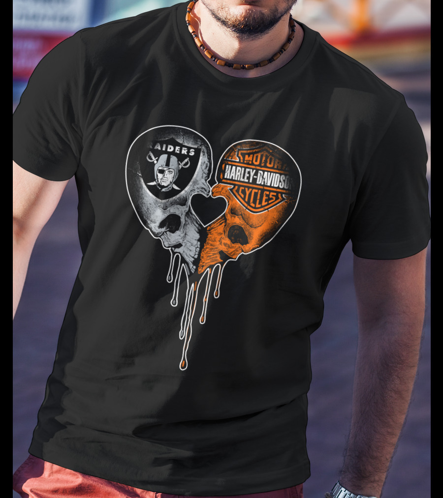 Raiders Harley Davidson Heart Skulls T-Shirt