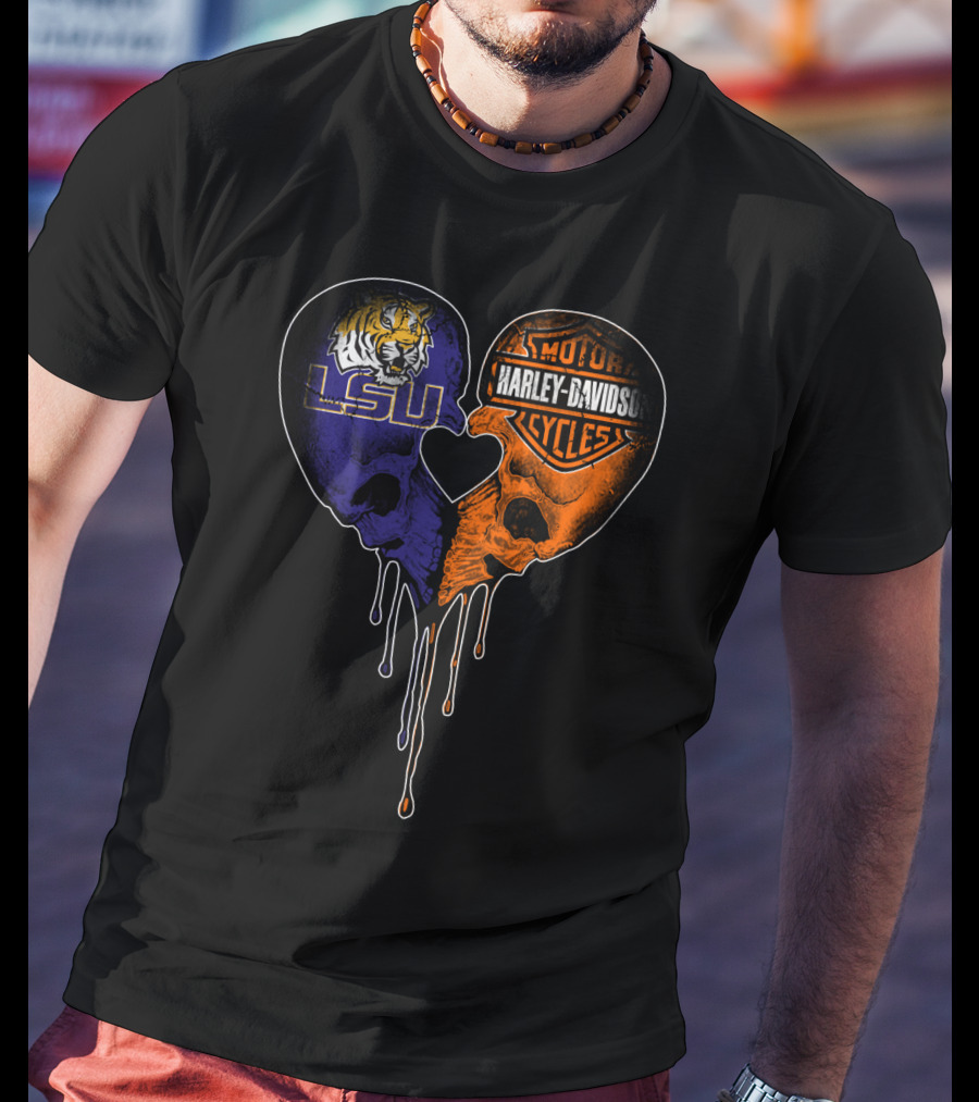 Lsu Tigers And Harley Davidson Heart Skull Fusion T-Shirt