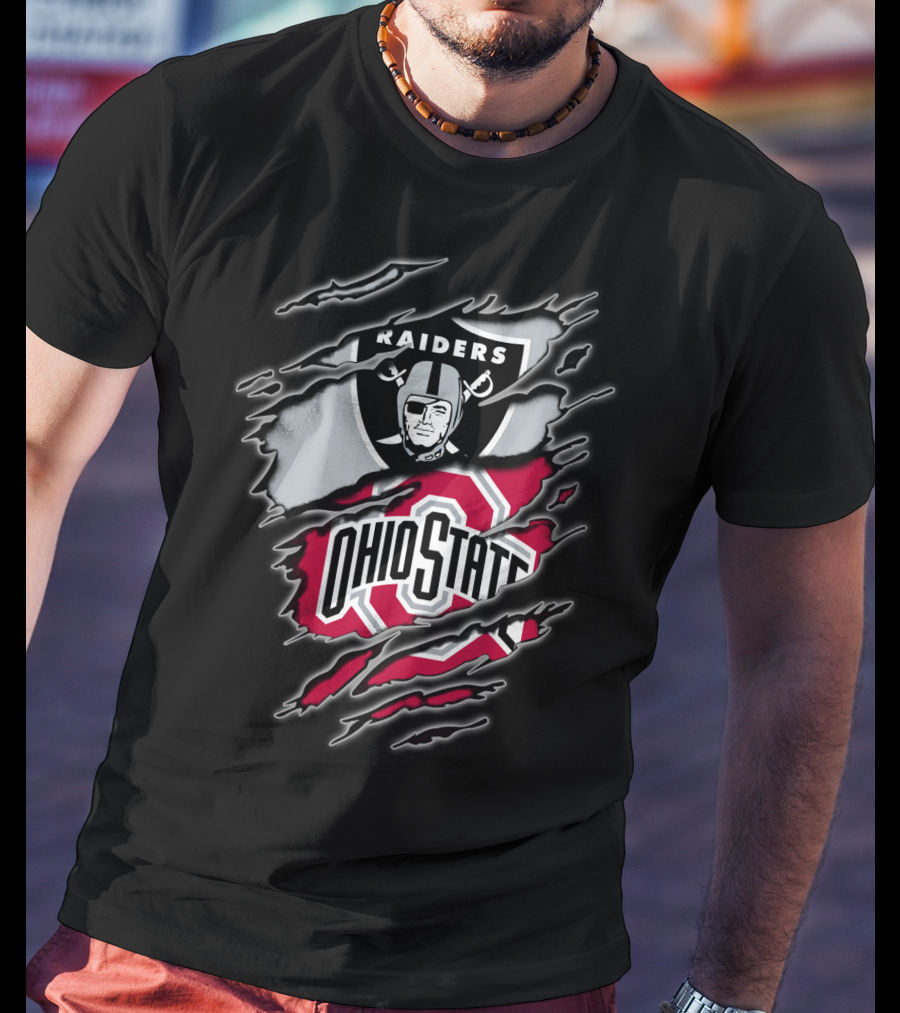 Raiders And Ohio State Fan Emblem Tear T-Shirt