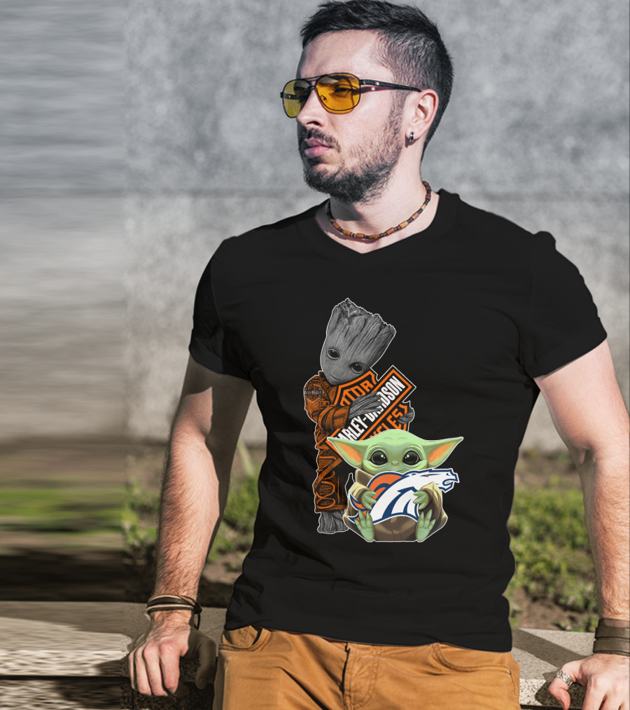 Harley Davidson Groot Baby Yoda Denver Broncos Nfl Collaboration T-Shirt