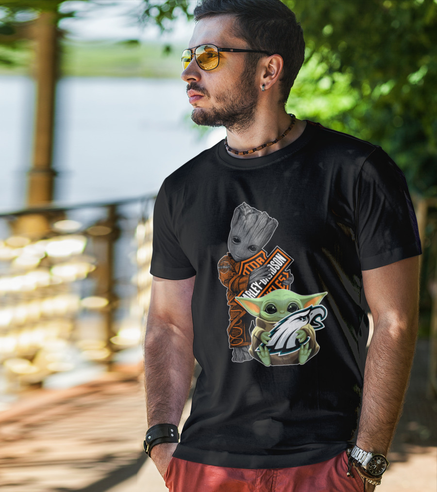 Harley Davidson Groot Philadelphia Eagles Baby Yoda T-Shirt