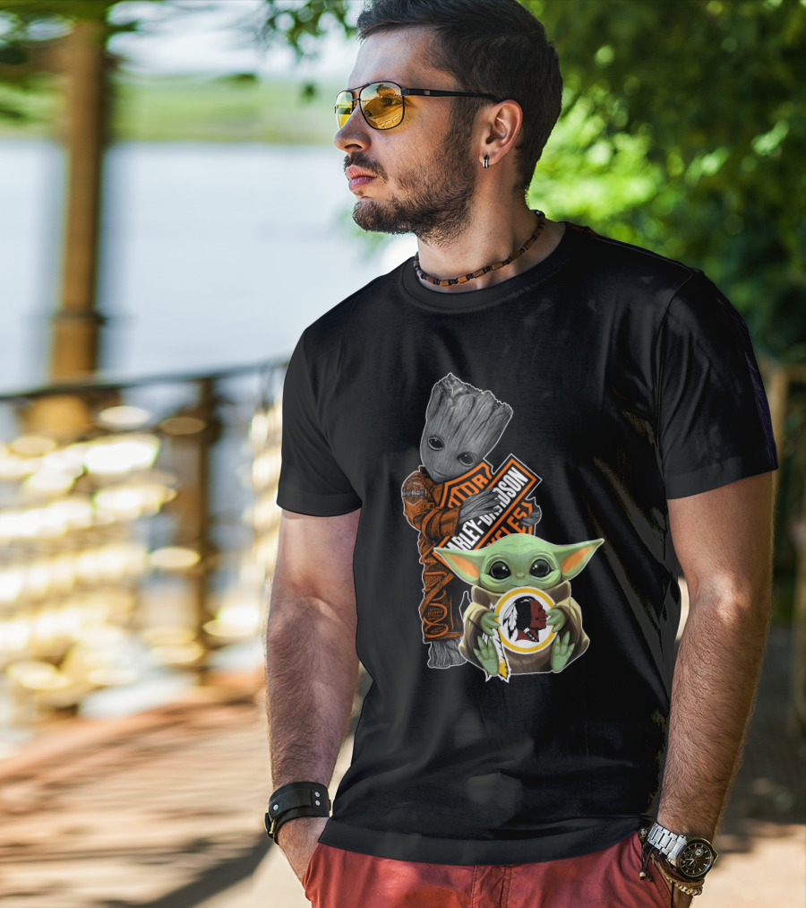 Groot Holding Harley Davidson Logo With Baby Yoda And Washington Redskins Symbol T-Shirt