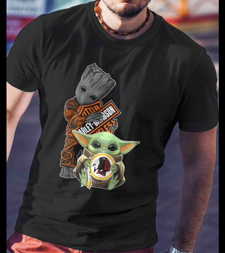 Groot Holding Harley Davidson Logo With Baby Yoda And Washington Redskins Symbol T-Shirt