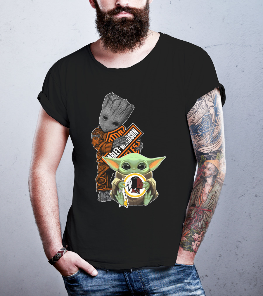 Groot Holding Harley Davidson Logo With Baby Yoda And Washington Redskins Symbol T-Shirt