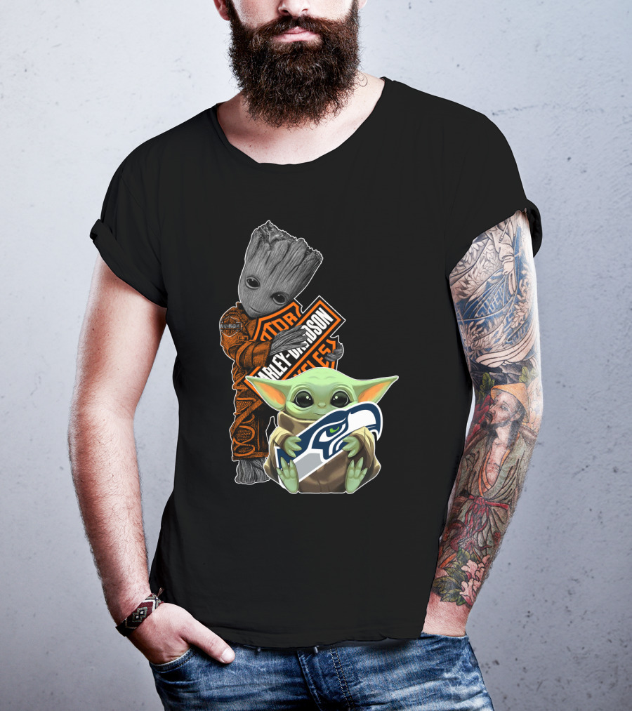 Groot Harley Davidson Seattle Seahawks Baby Yoda T-Shirt