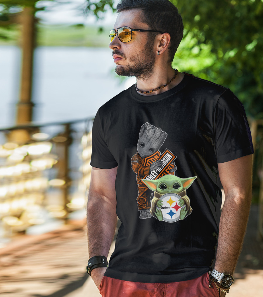 Baby Yoda And Groot Harley Davidson Steelers Crossover T-Shirt