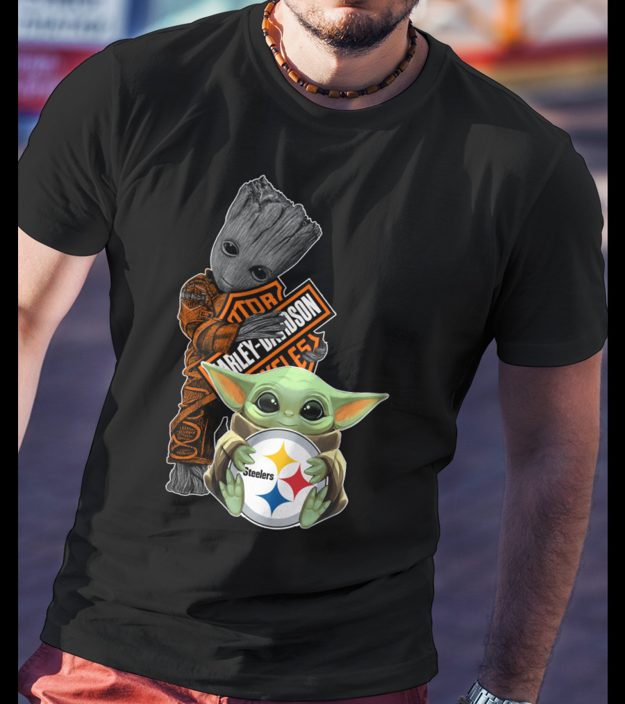 Baby Yoda And Groot Harley Davidson Steelers Crossover T-Shirt