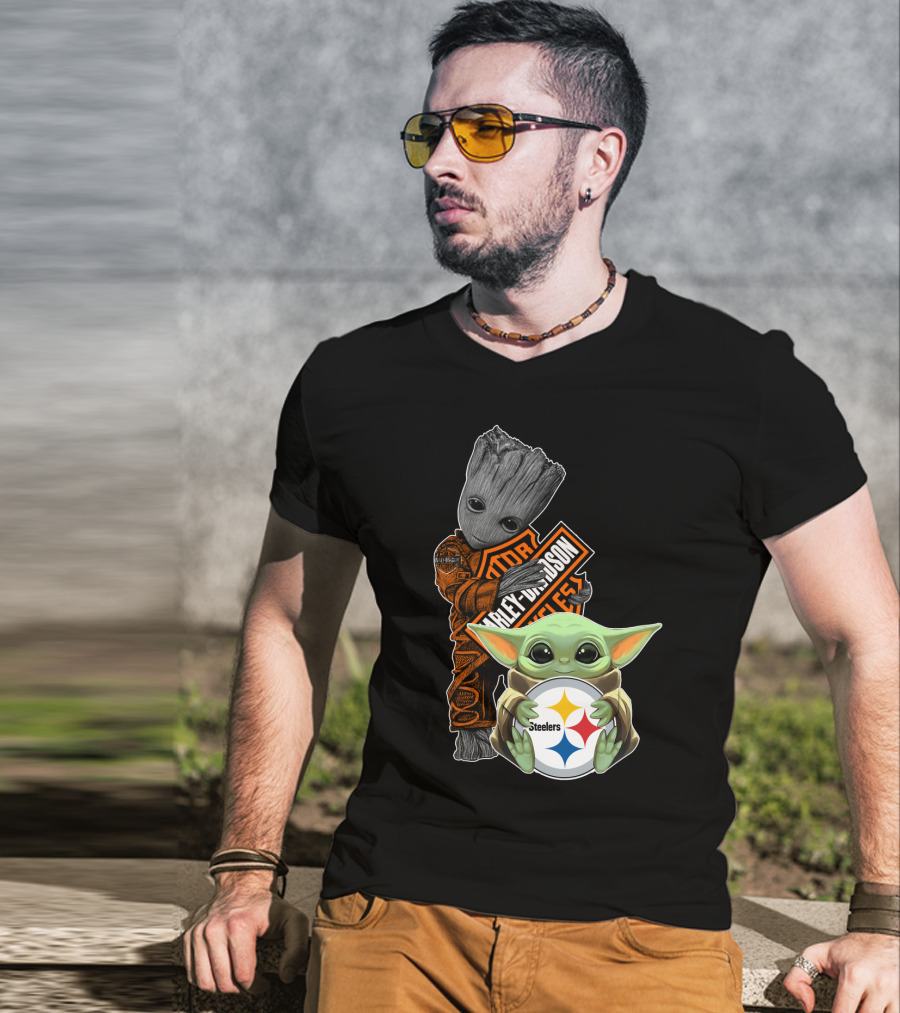 Baby Yoda And Groot Harley Davidson Steelers Crossover T-Shirt