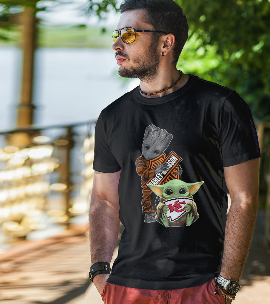 Harley Davidson Groot With Kansas City Chiefs Baby Yoda T-Shirt