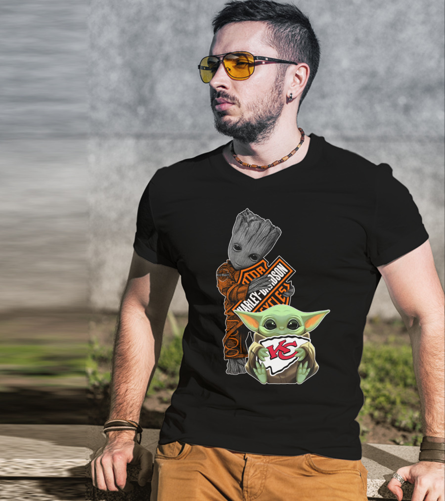 Harley Davidson Groot With Kansas City Chiefs Baby Yoda T-Shirt