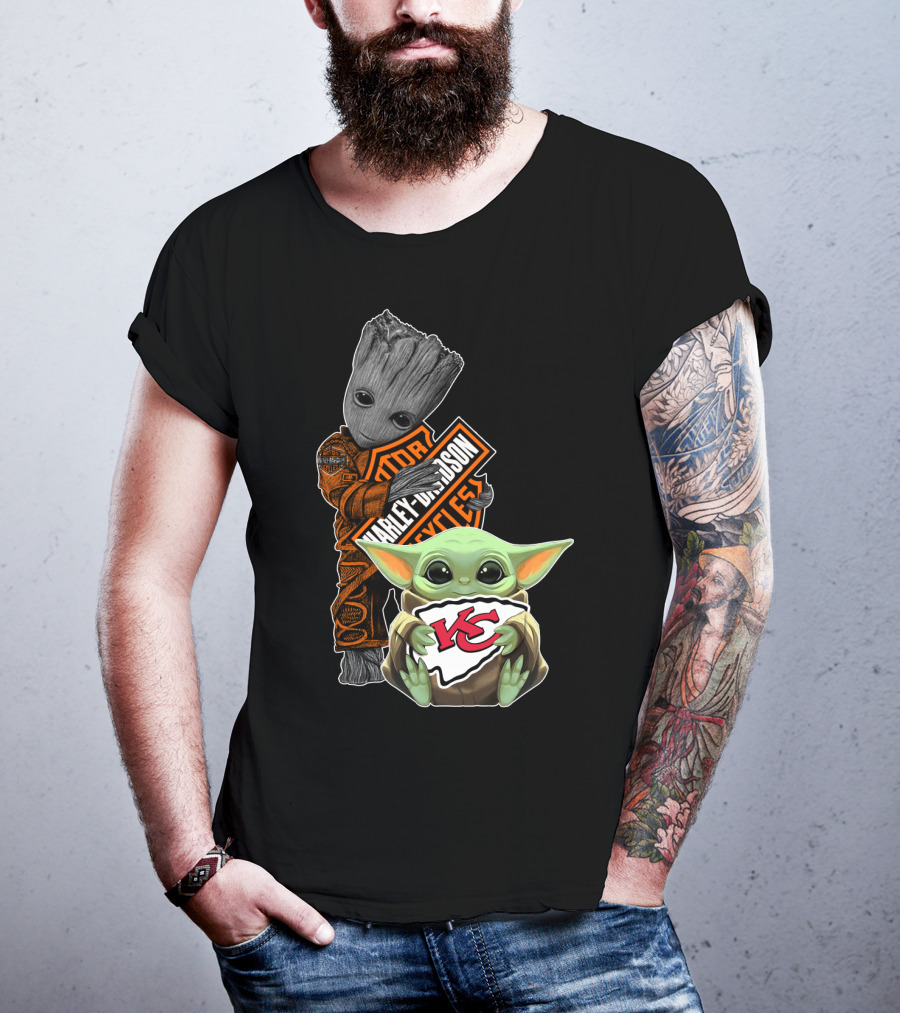Harley Davidson Groot With Kansas City Chiefs Baby Yoda T-Shirt