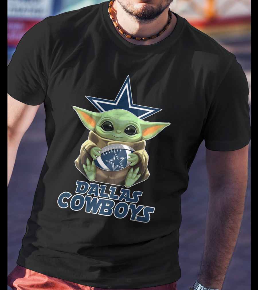 Dallas Cowboys Star Wars Baby Yoda Holding Football T-Shirt