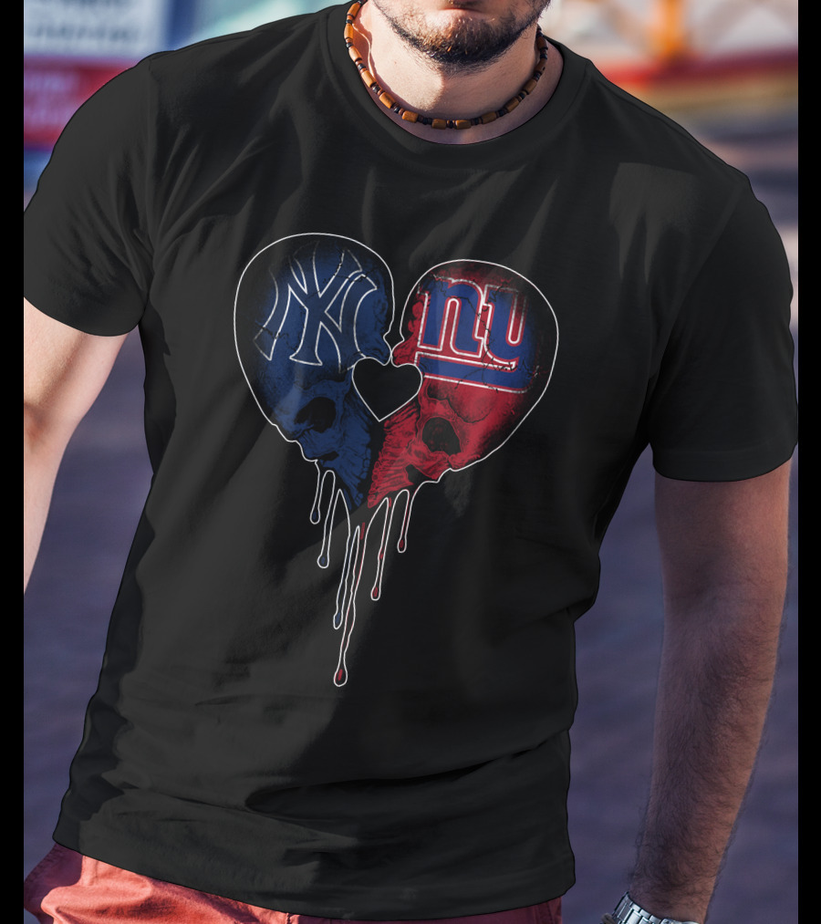 Yankees Giants Heart Skull Dripping Logos Blue Red Black T-Shirt